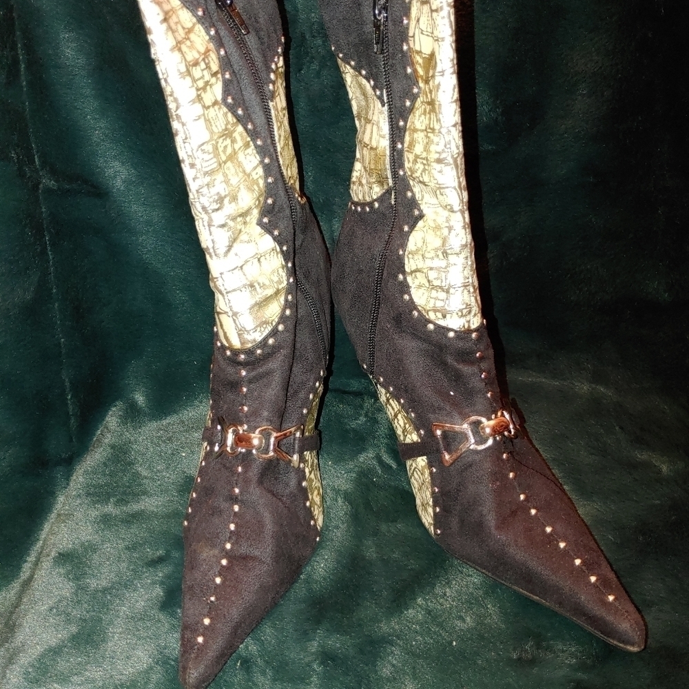 NEW MIDNIGHT VELVET BLACK/GOLD CALF BOOTS SHOES SIZE 11